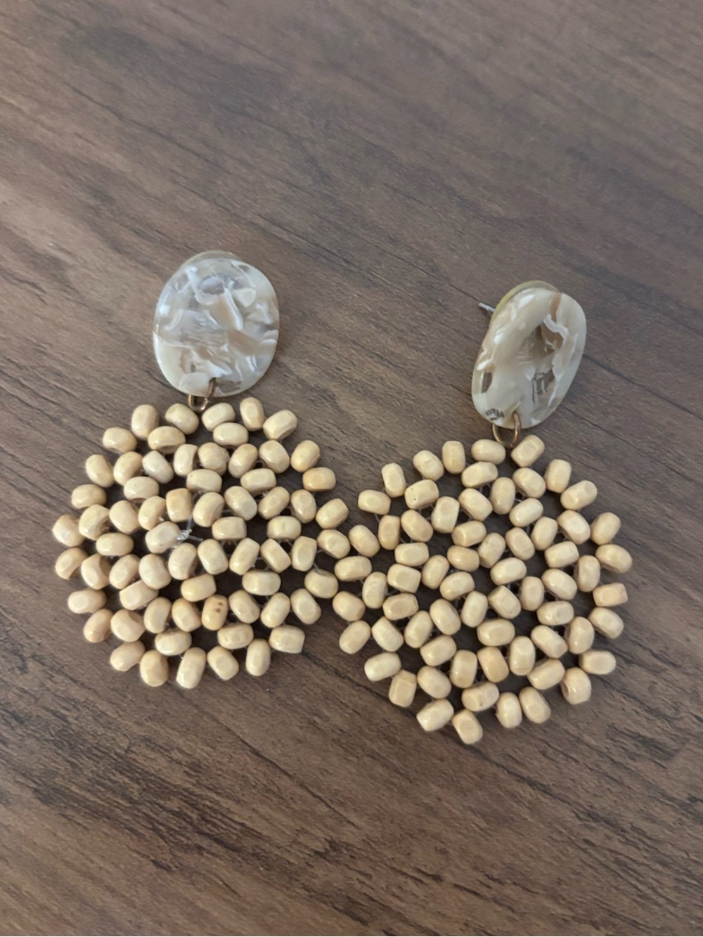 Beige Beaded Round Drop Earrings